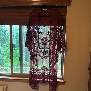 She + Sky Burgundy Lace Embroidered Kimono